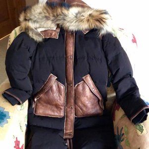 Large Winter Jacket with Leather Hood and Pockets
